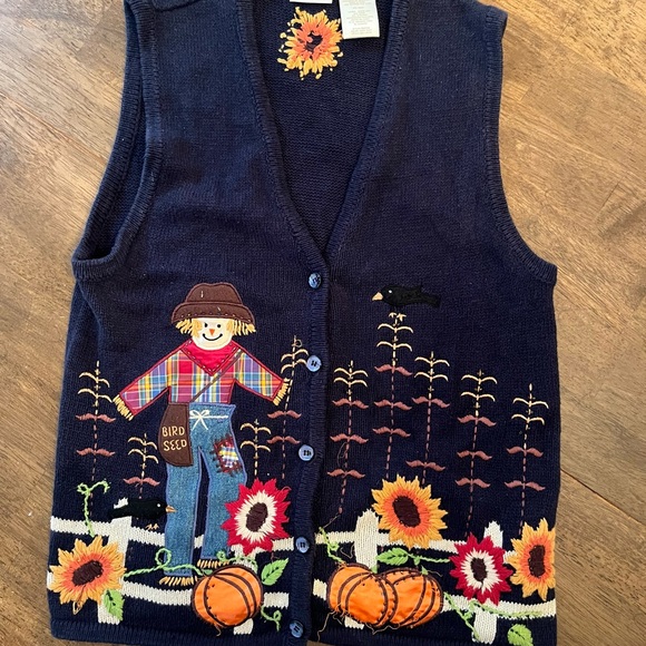 Bobby brooks Navy Blue Autumn Themed Vest with Scarecrow and pumpkin Design - Picture 1 of 6